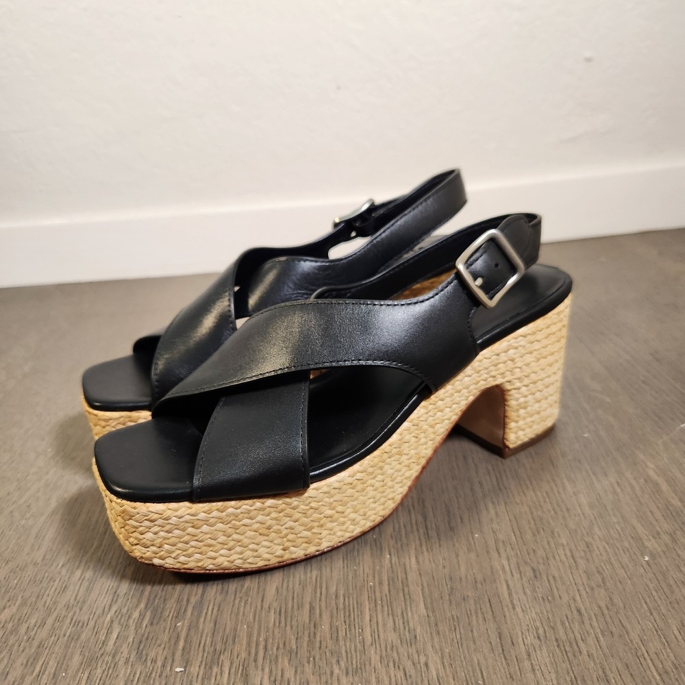 New 8 Vince Black Leather Cross Strap Espadrille Platform Heeled Sandals